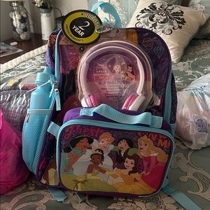Disney Princess Backpack & Lunchbox Set w/ headphones - Purple, Turquoise, Pink
